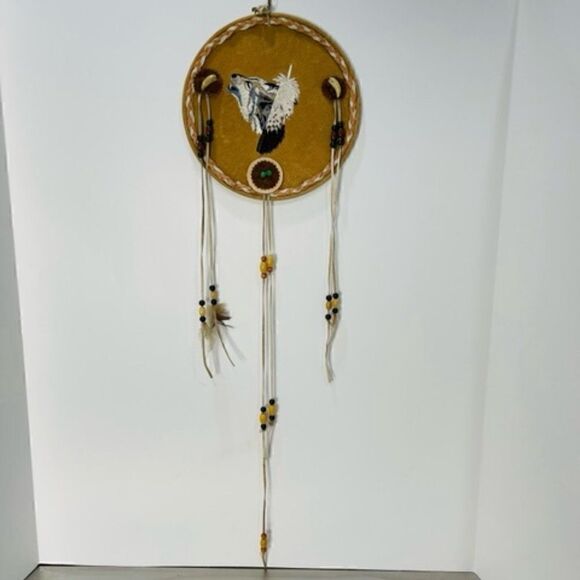 Suede Embroidered Howling Wolf Tribal Dream Catcher 29" Long From top to bottom - Picture 1 of 6